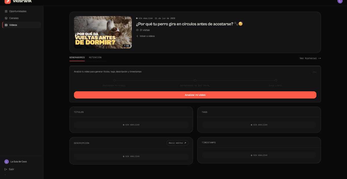 VidsRank content generator producing a title and description