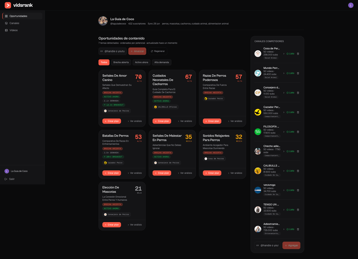VidsRank opportunities dashboard showing ranked content ideas